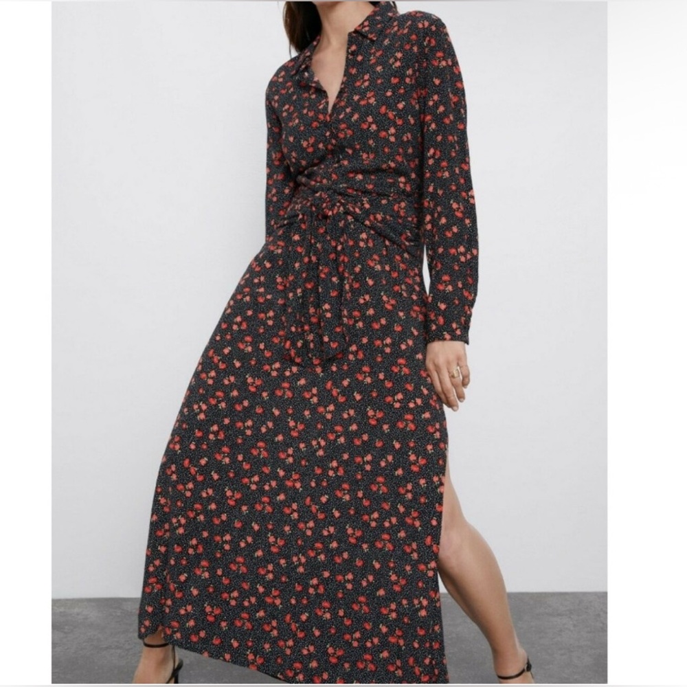 ZARA Floral Button-Down Maxi Dress with Belt – Black & Red Print SIZE XS/S